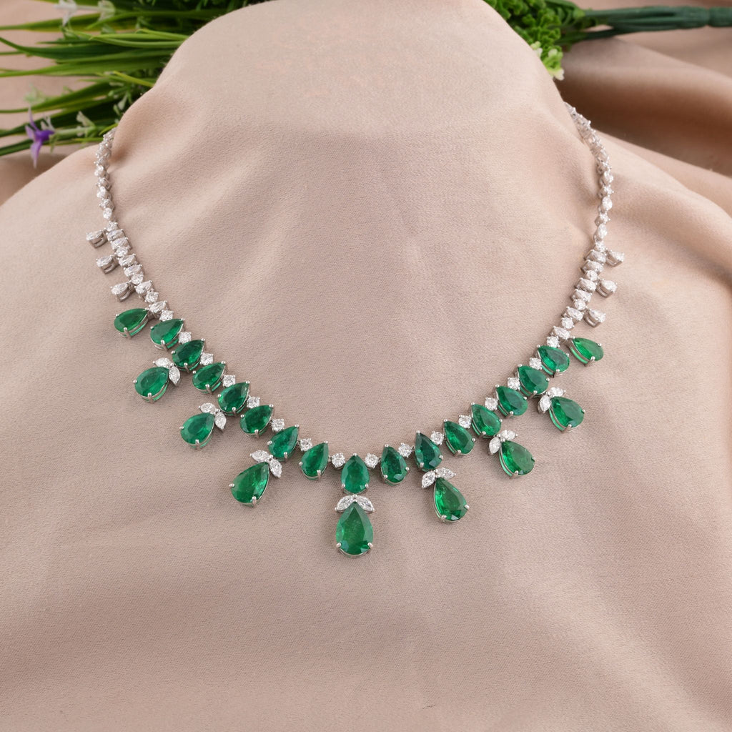 26.93 Tcw Zambian Emerald SI/H Diamond Fine Gold Wedding Necklace