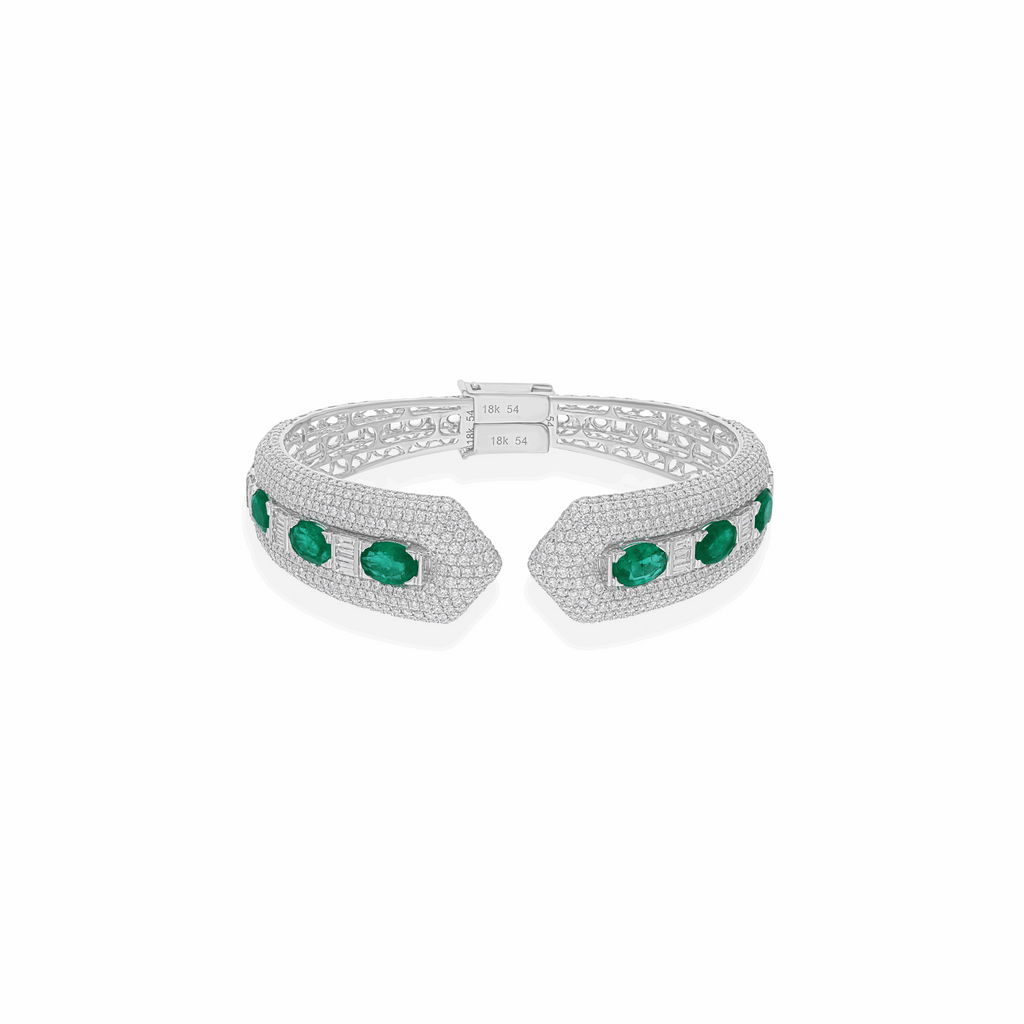 18k Fine Gold Emerald Gemstone & Natural Pave Diamond Cuff Bracelet 11.97 Tcw