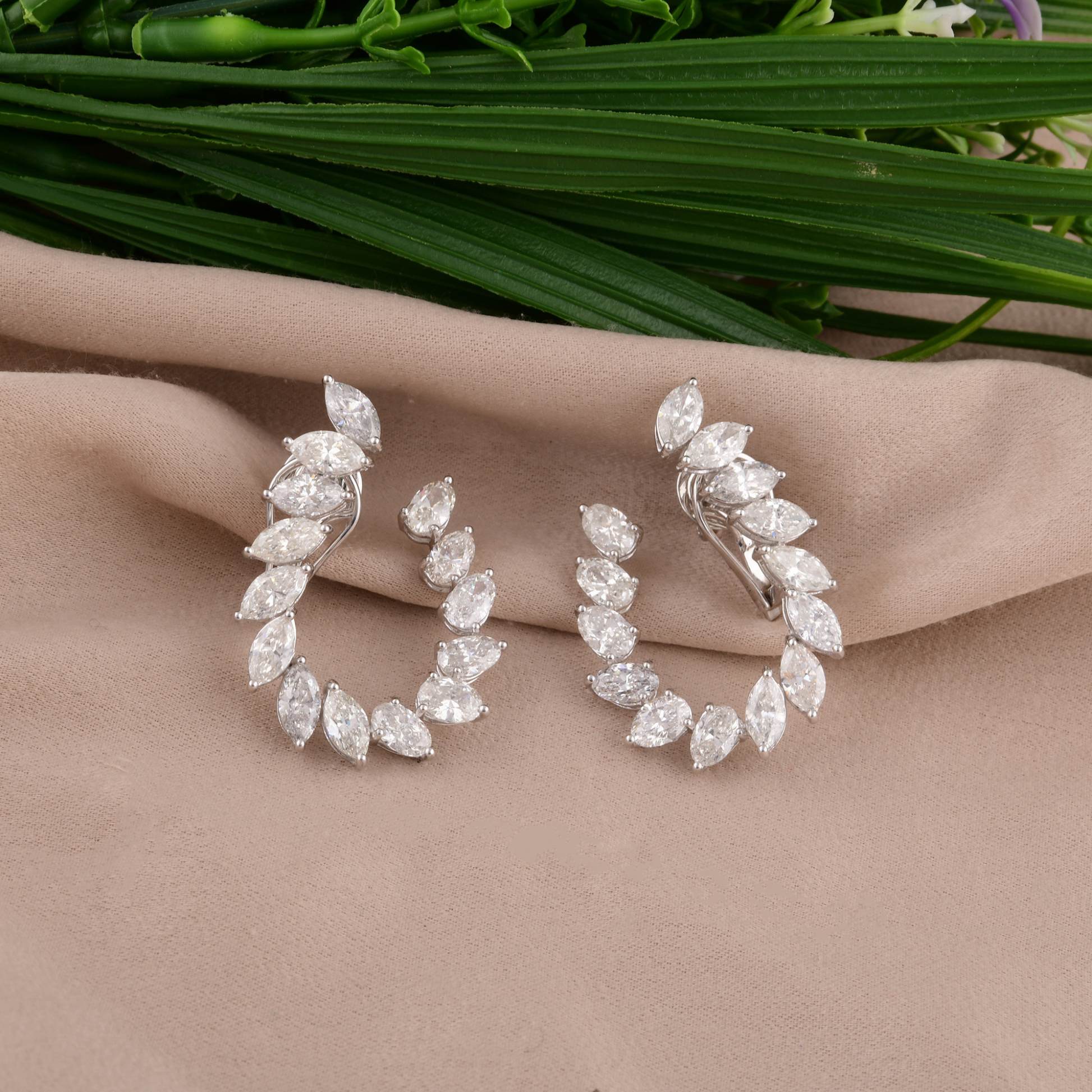 8.72Ct Marquise & Pear Cut Natural Diamond Open Clip-On Hoop Earrings in Fine Gold