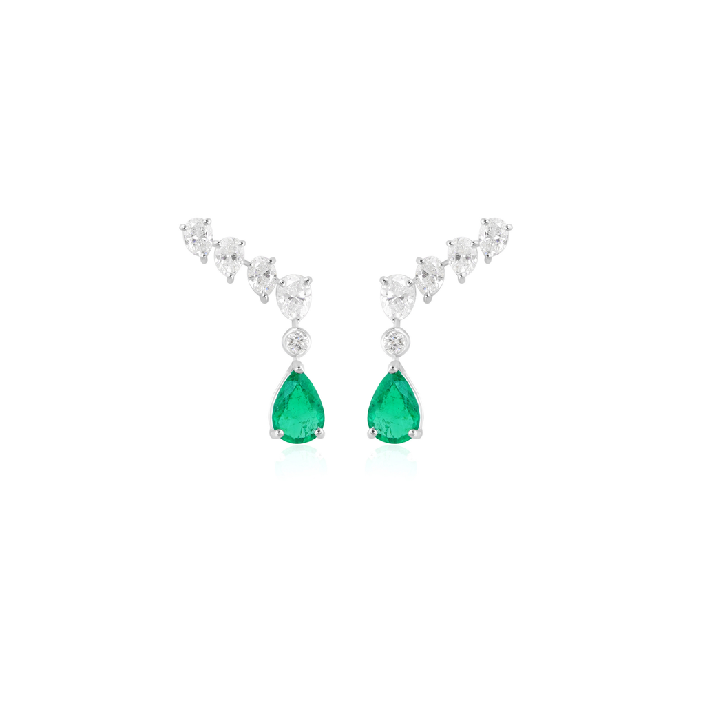 Minimal 1.90Tcw Zambian Emerald H/SI Diamond Ear Climber Gold Earrings