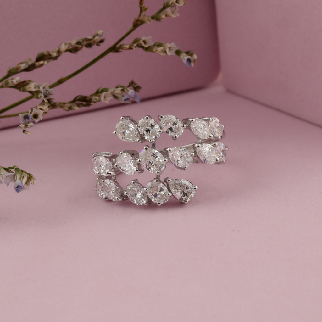 Three Tier Pear & Round Cut 2.50Ct. Diamond Statement Engagement Gold Ring