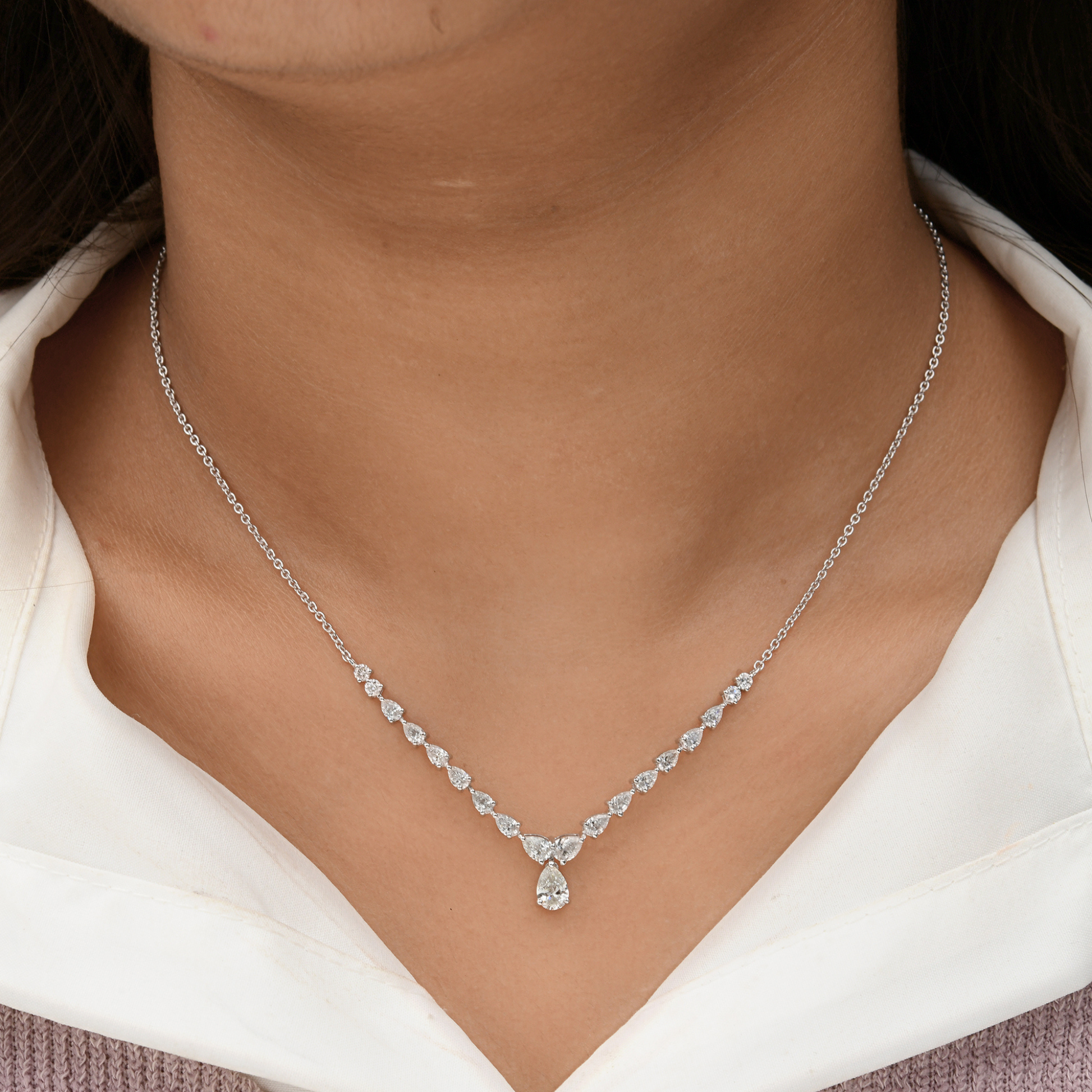 2.04 Carat Diamond Tennis Necklace Gold Graduated Design with Teardrop Pendant
