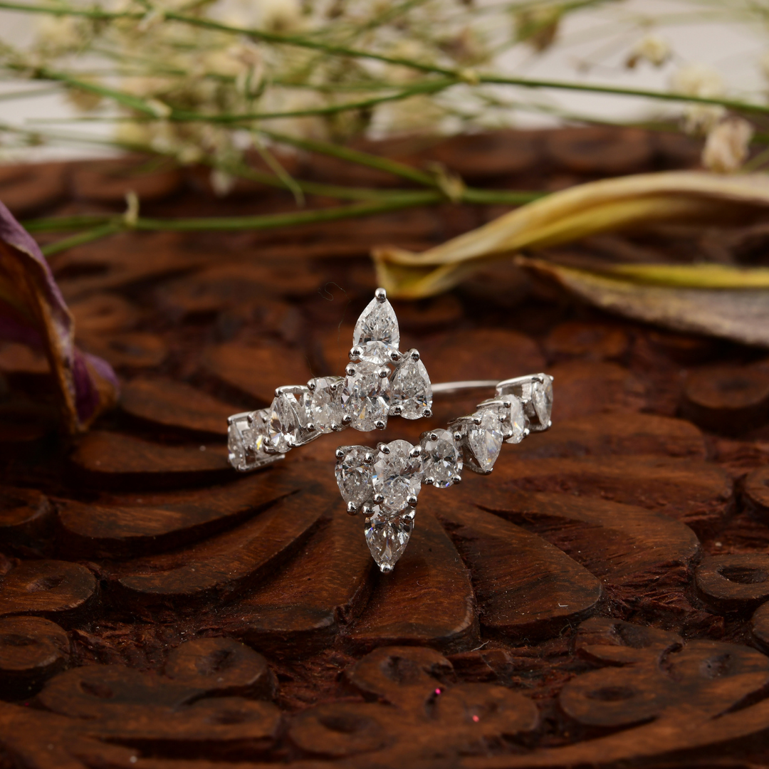 Pear and Cushion Cut Open Cluster Diamond Wedding Gold V-Twist Ring