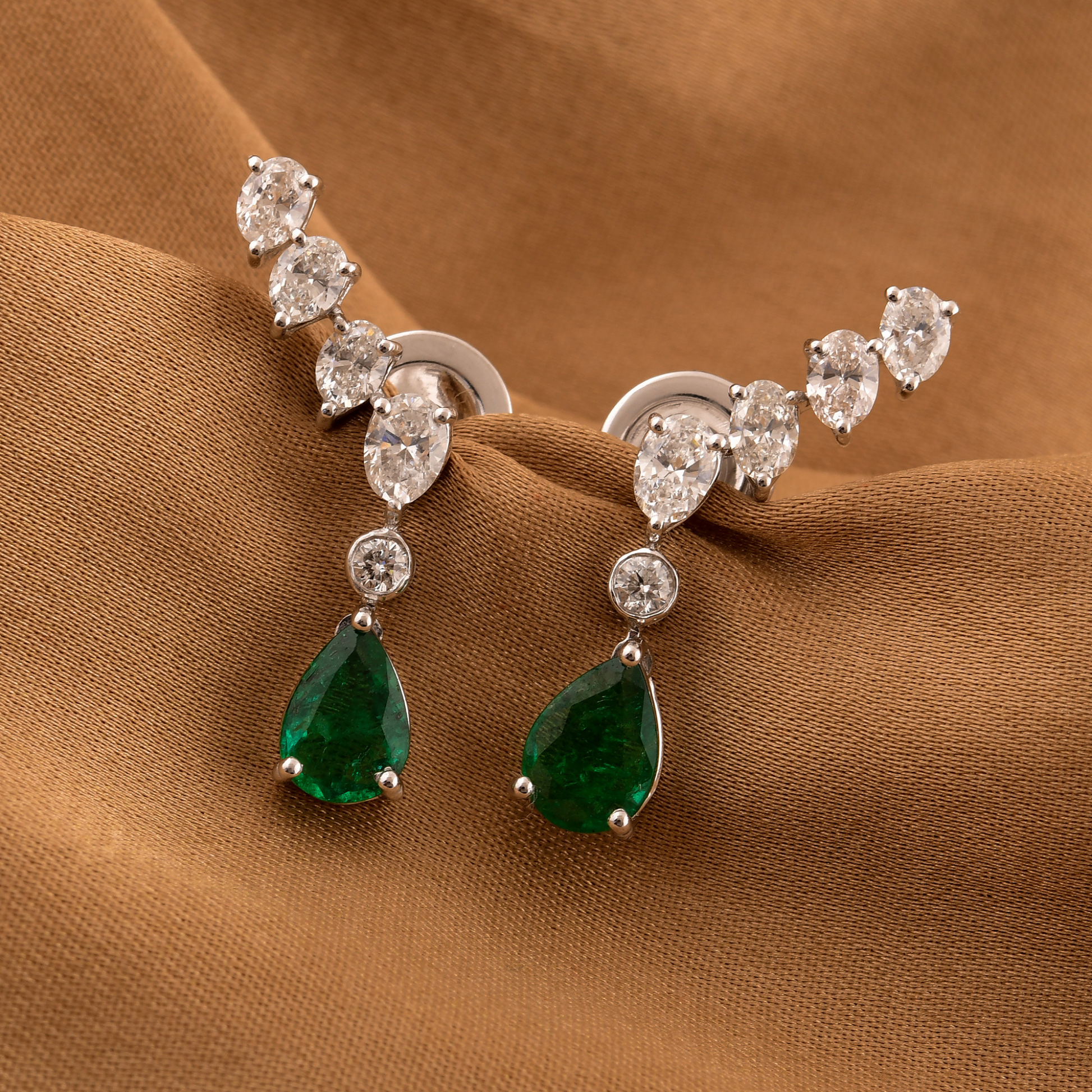 Minimal 1.90Tcw Zambian Emerald H/SI Diamond Ear Climber Gold Earrings
