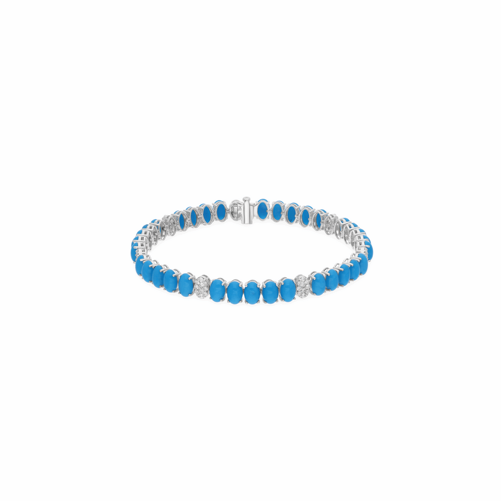 13.60 TCW Natural H/SI Round Diamond Turquoise Oval Bracelet 18k Gold Jewelry