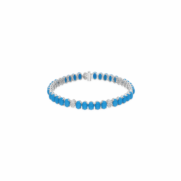 Natural Round Diamond Oval Cut Turquoise Gold Bracelet