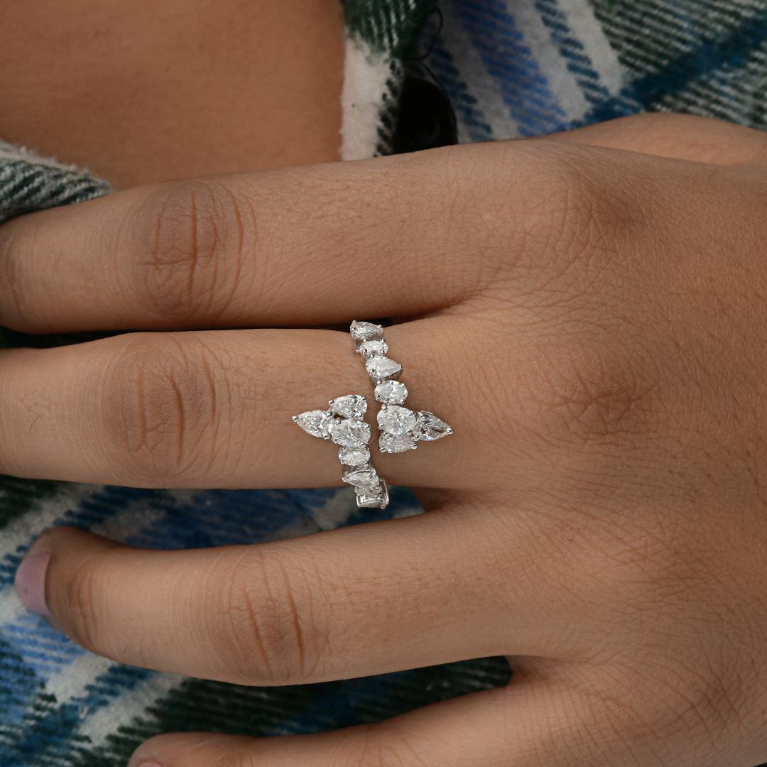 Pear and Cushion Cut Open Cluster Diamond Wedding Gold V-Twist Ring
