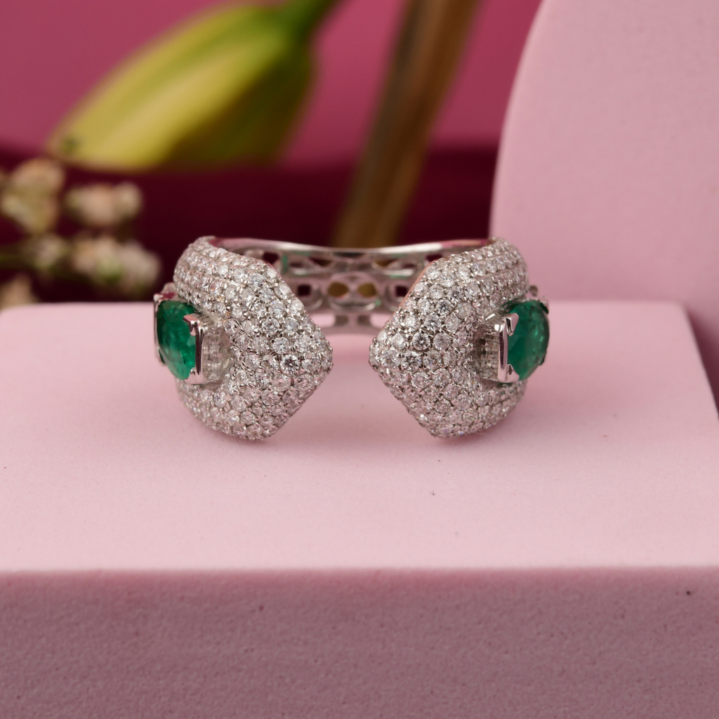 1.45Ct. Zambian Emerald Cabochon & Diamond Cocktail Wedding Ring