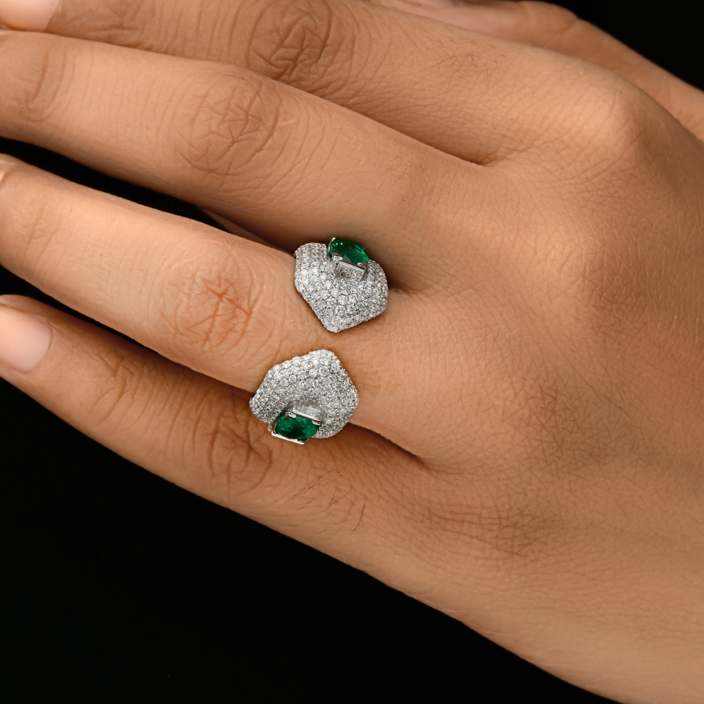 1.45Ct. Zambian Emerald Cabochon & Diamond Cocktail Wedding Ring