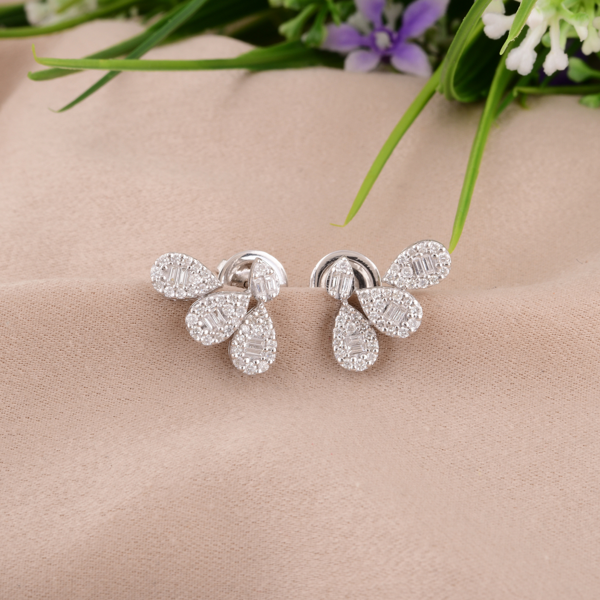 Minimalist Gold Push Back Natural Diamond Halo Cluster Stud Earrings
