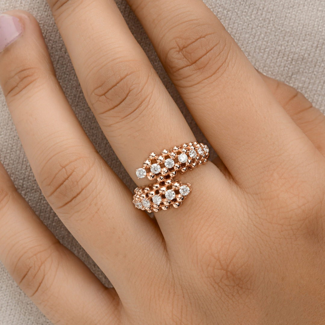 Round Diamond Wedding Anniversary Open Band Wrap Gold Statement Ring