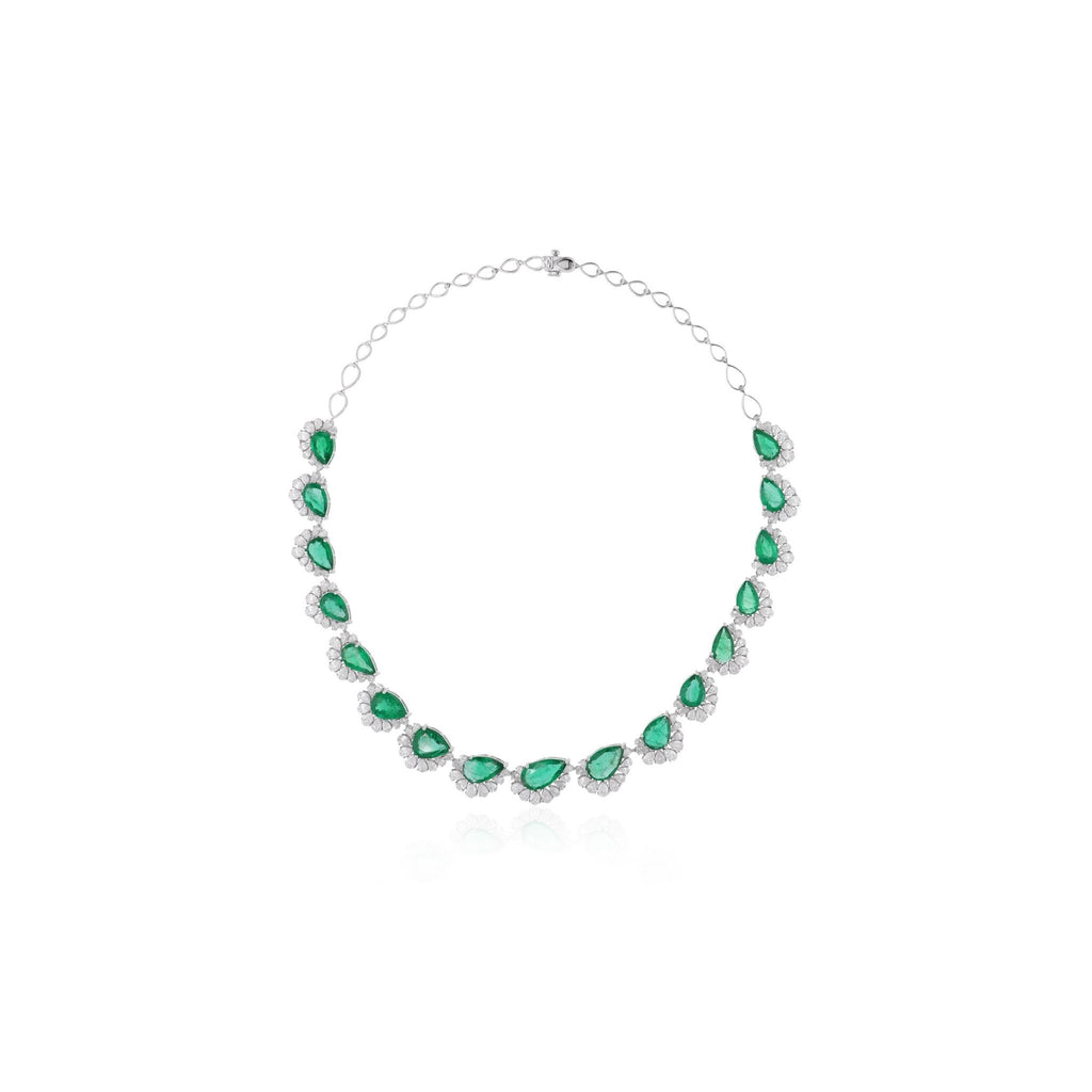 Certified Zambian Emerald Pear Natural Diamond Gold Wedding Necklace
