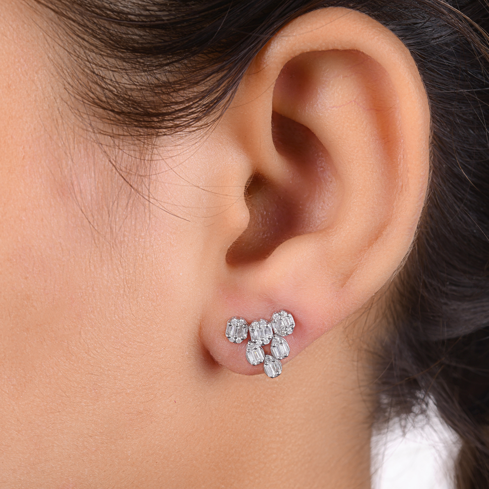 Baguette Cut Natural SI Clarity HI Color Diamond Stud Fine Gold Earrings