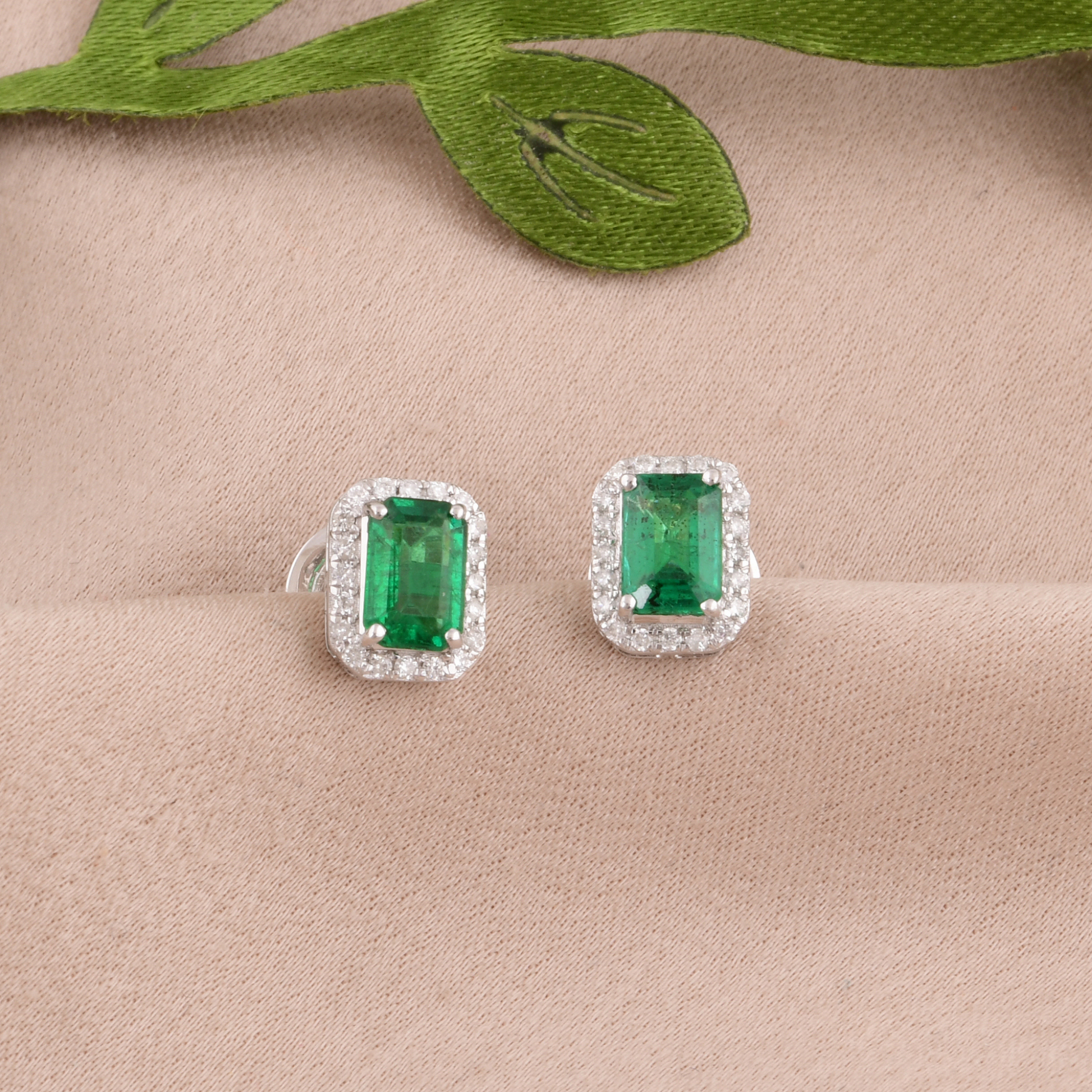 Emerald Cut Zambian Emerald & Diamond Halo Stud Earrings in Fine Gold