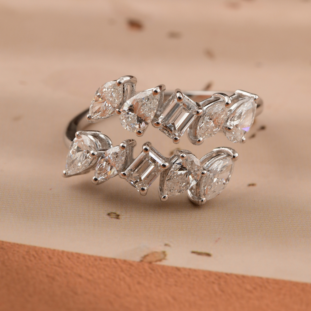 Gold Multi Shape 1.68Ct. Diamond Bypass Band Open Cuff Wedding Ring