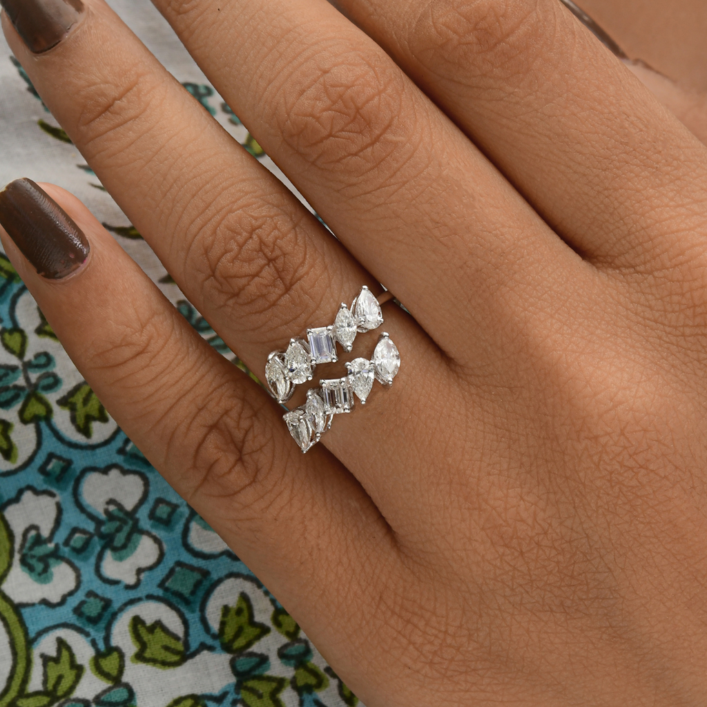 Gold Multi Shape 1.68Ct. Diamond Bypass Band Open Cuff Wedding Ring