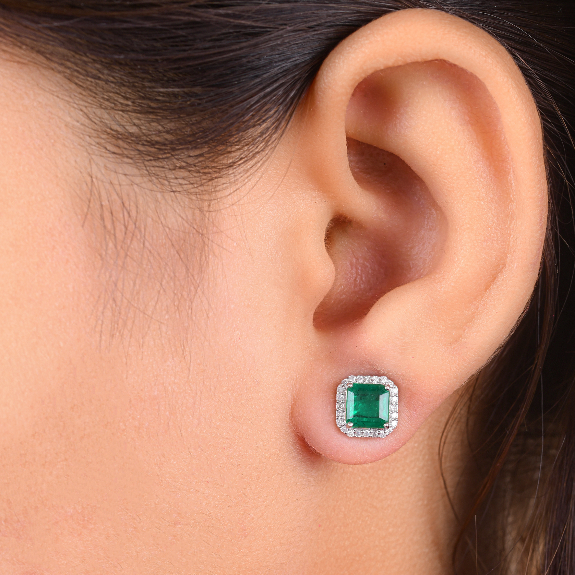 Zambian Emerald 2.13 Tcw Square Cut Natural Pave Diamond Stud Earrings