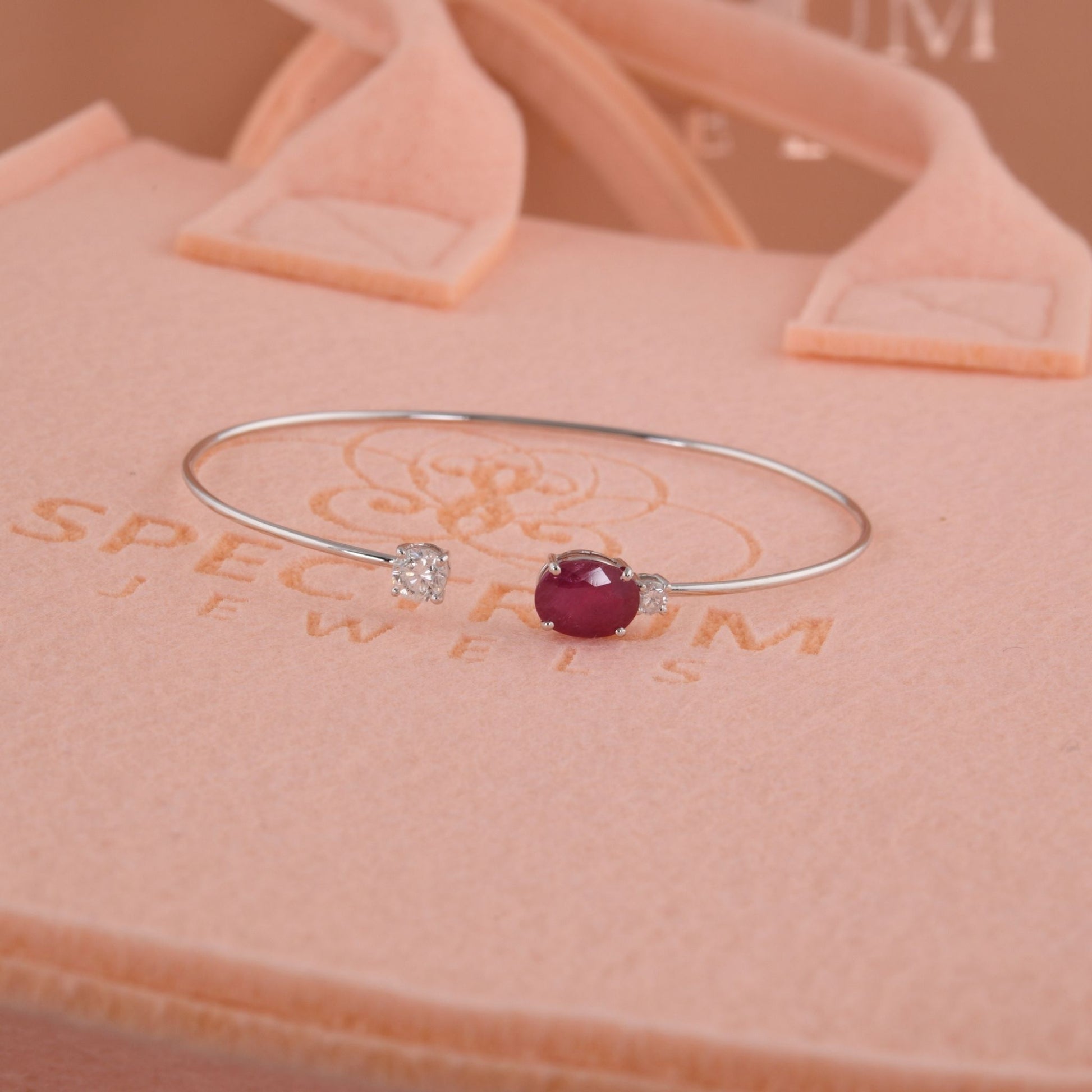 2.20 Tcw SI/H Diamond Ruby Gemstone Cuff Gold Bangle Bracelet