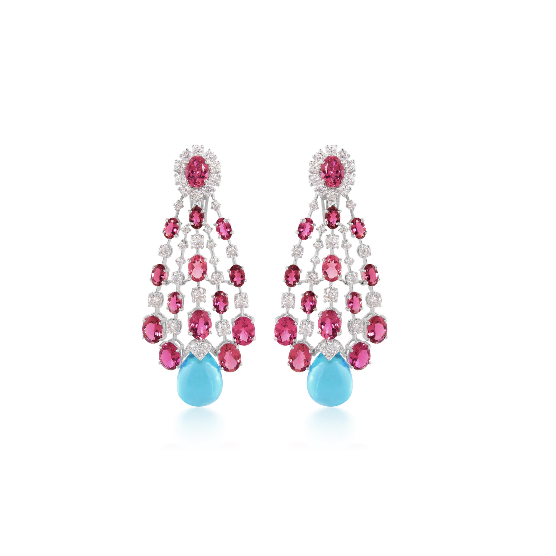 51.02Ct. Pink Tourmaline & Blue Topaz H/SI Diamond Chandelier Dangle Fine Gold Earrings