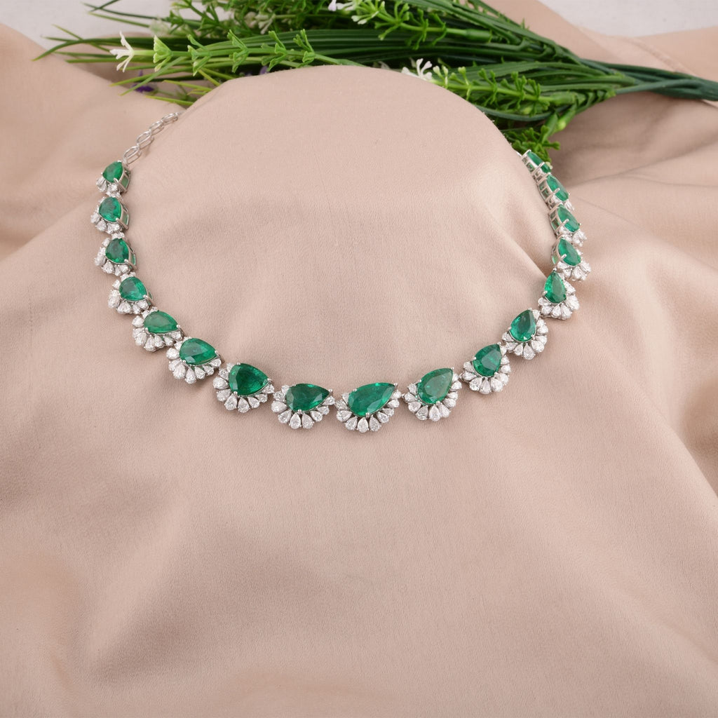 Certified Zambian Emerald Pear Natural Diamond Gold Wedding Necklace