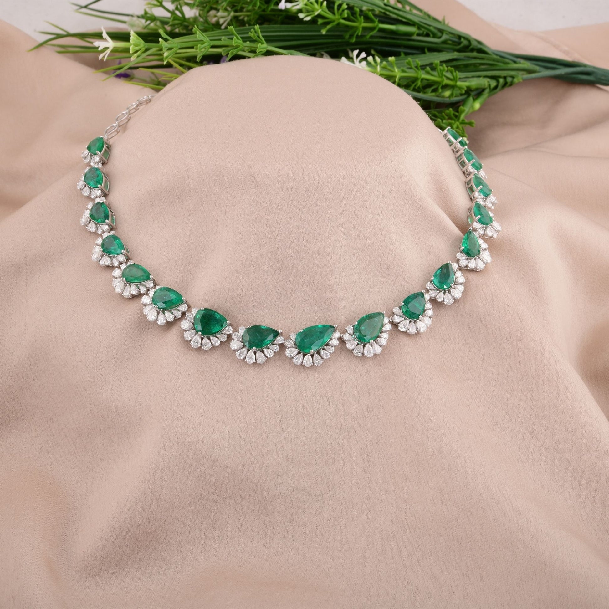 Certified Zambian Emerald Pear Natural Diamond Gold Wedding Necklace