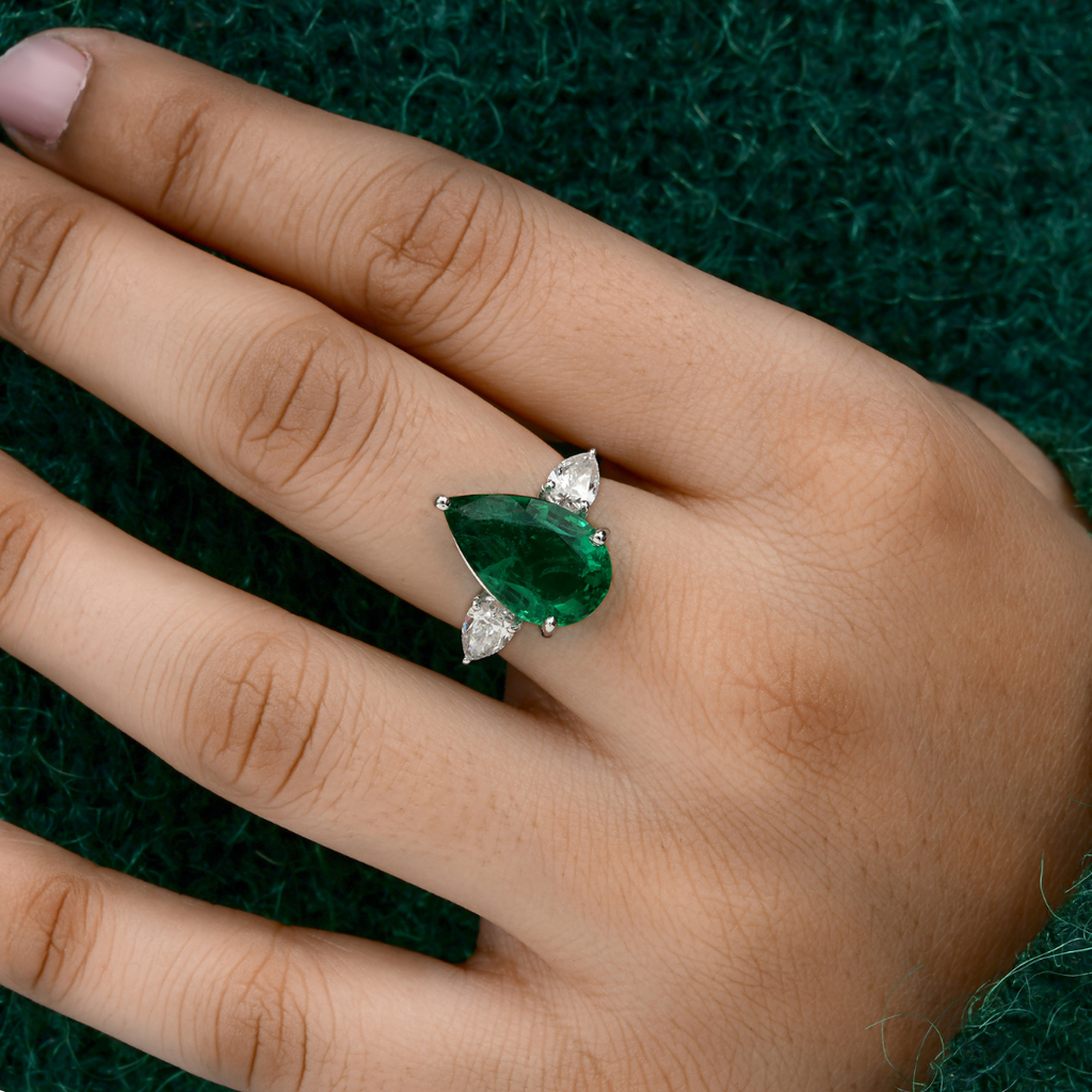 Three Stone Solid Gold Pear Cut 5.95Ct. Zambian Emerald Diamond Engagement Ring