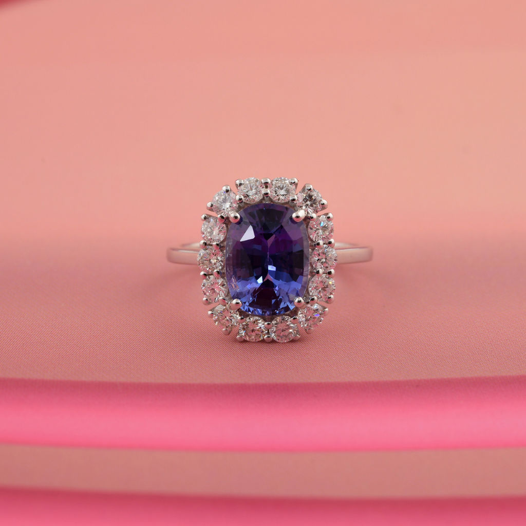 Genuine 3.15Ct. Unique Oval Cut Blue Sapphire Halo Diamond Engagement Gold Ring