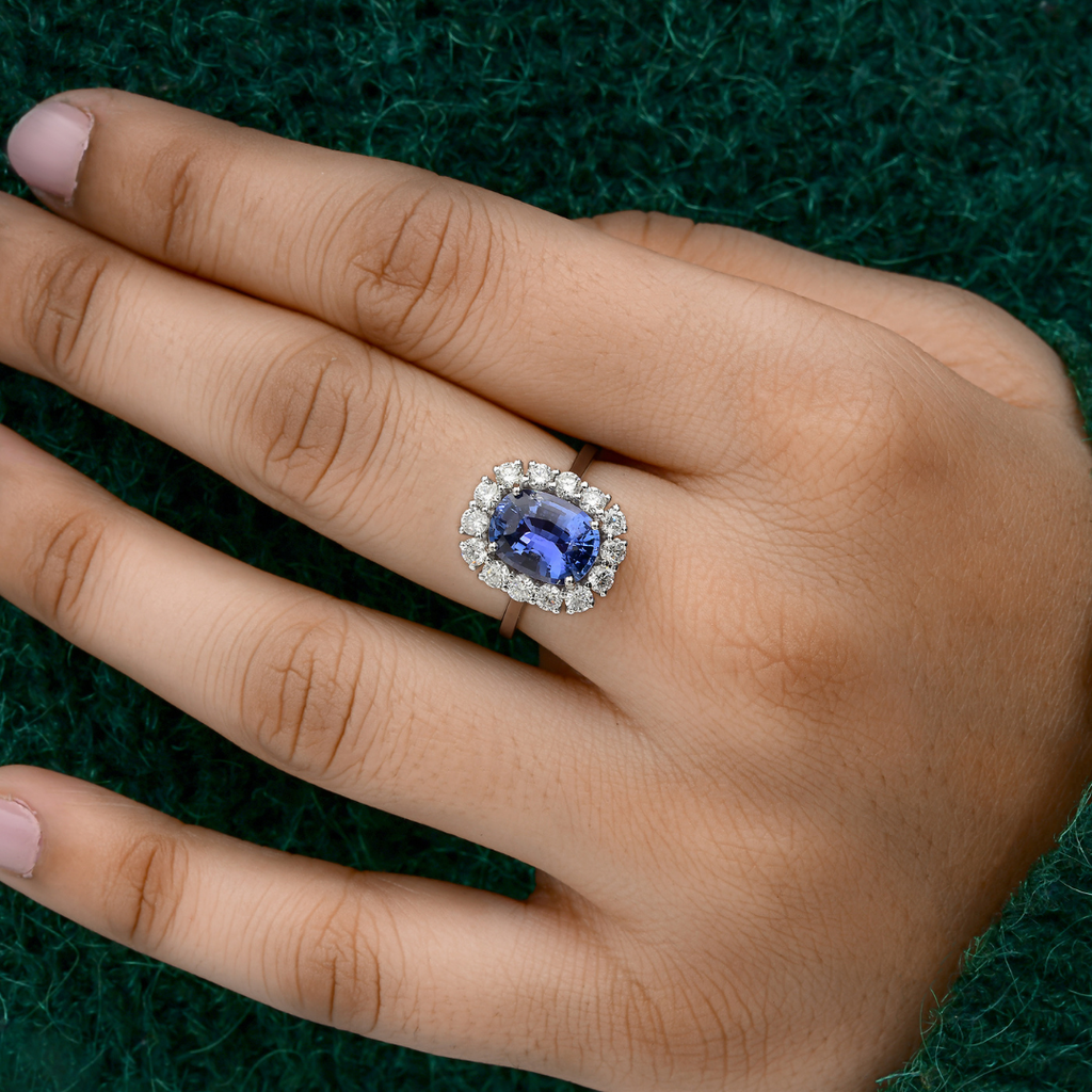 Genuine 3.15Ct. Unique Oval Cut Blue Sapphire Halo Diamond Engagement Gold Ring