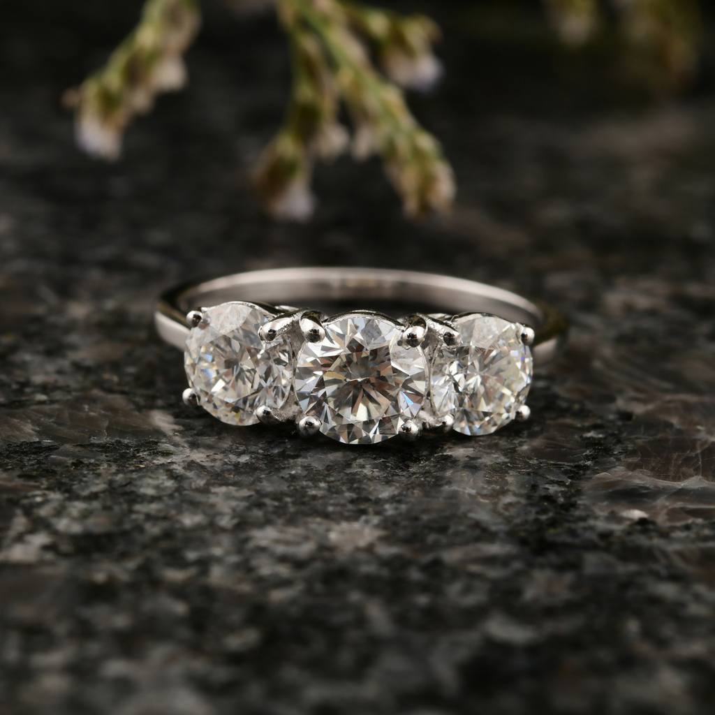 2.09Ct. Three Stone Round Cut Natural Diamond Engagement Ring For Wife