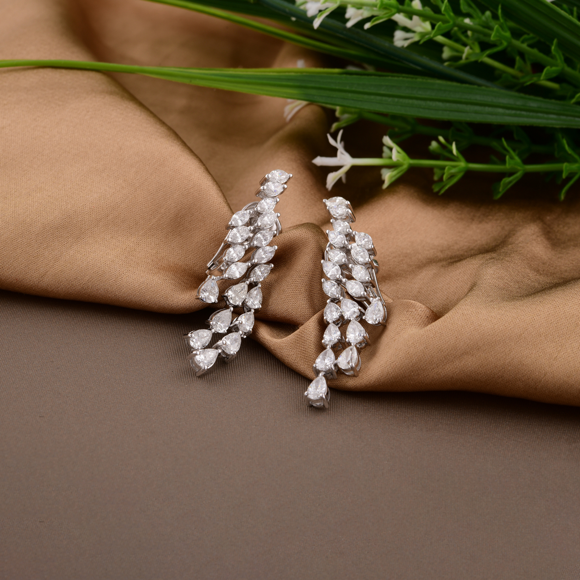 Natural Diamond Statement Pear Cut Climber Drop Earrings in Fine Gold