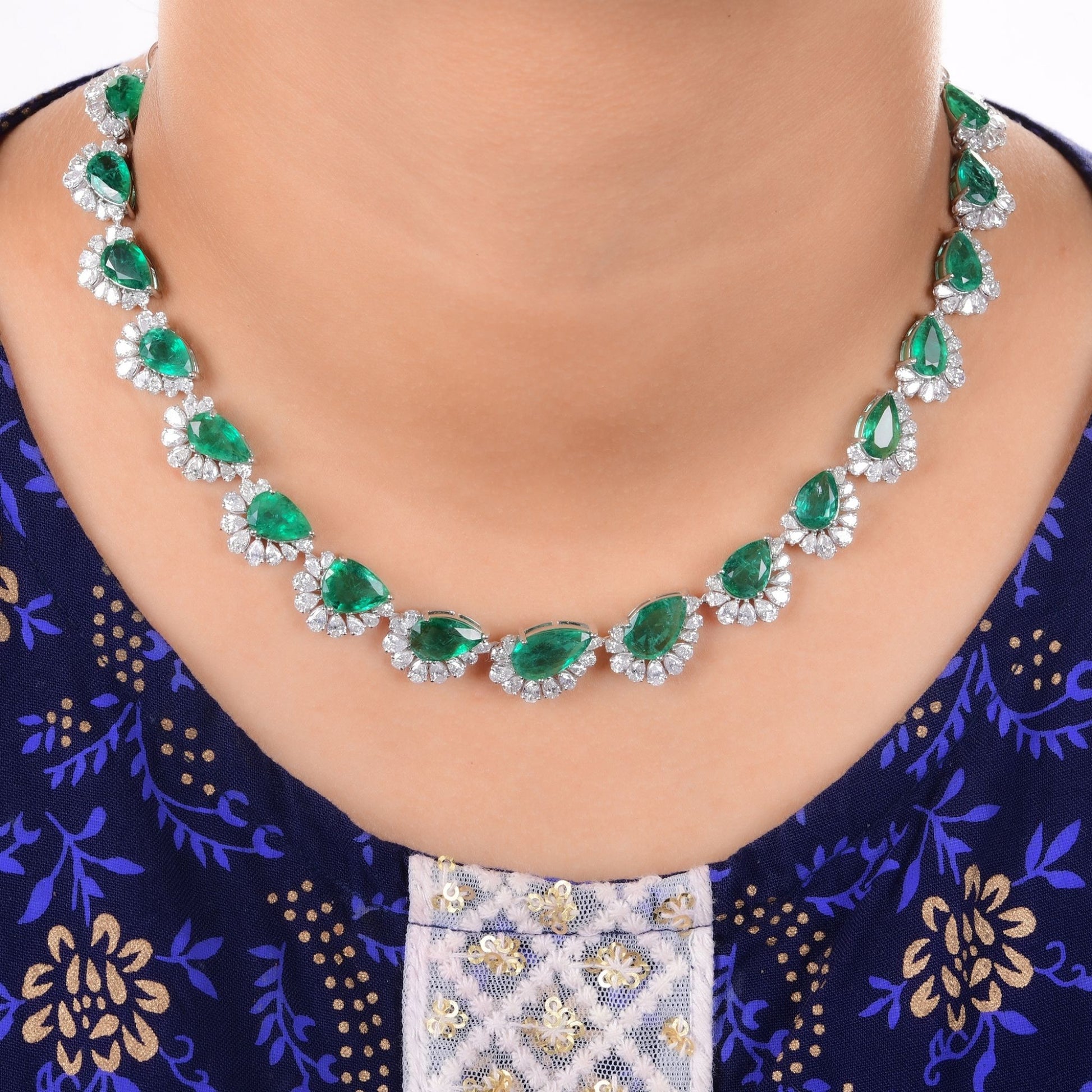 Certified Zambian Emerald Pear Natural Diamond Gold Wedding Necklace