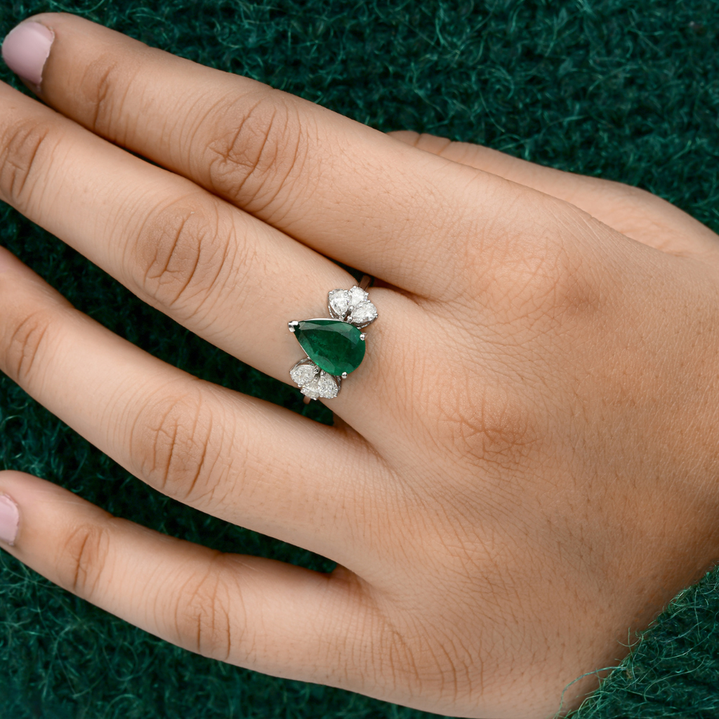 Solid Gold 0.72Ct. Natural Diamond Pear Cut Emerald Engagement Ring