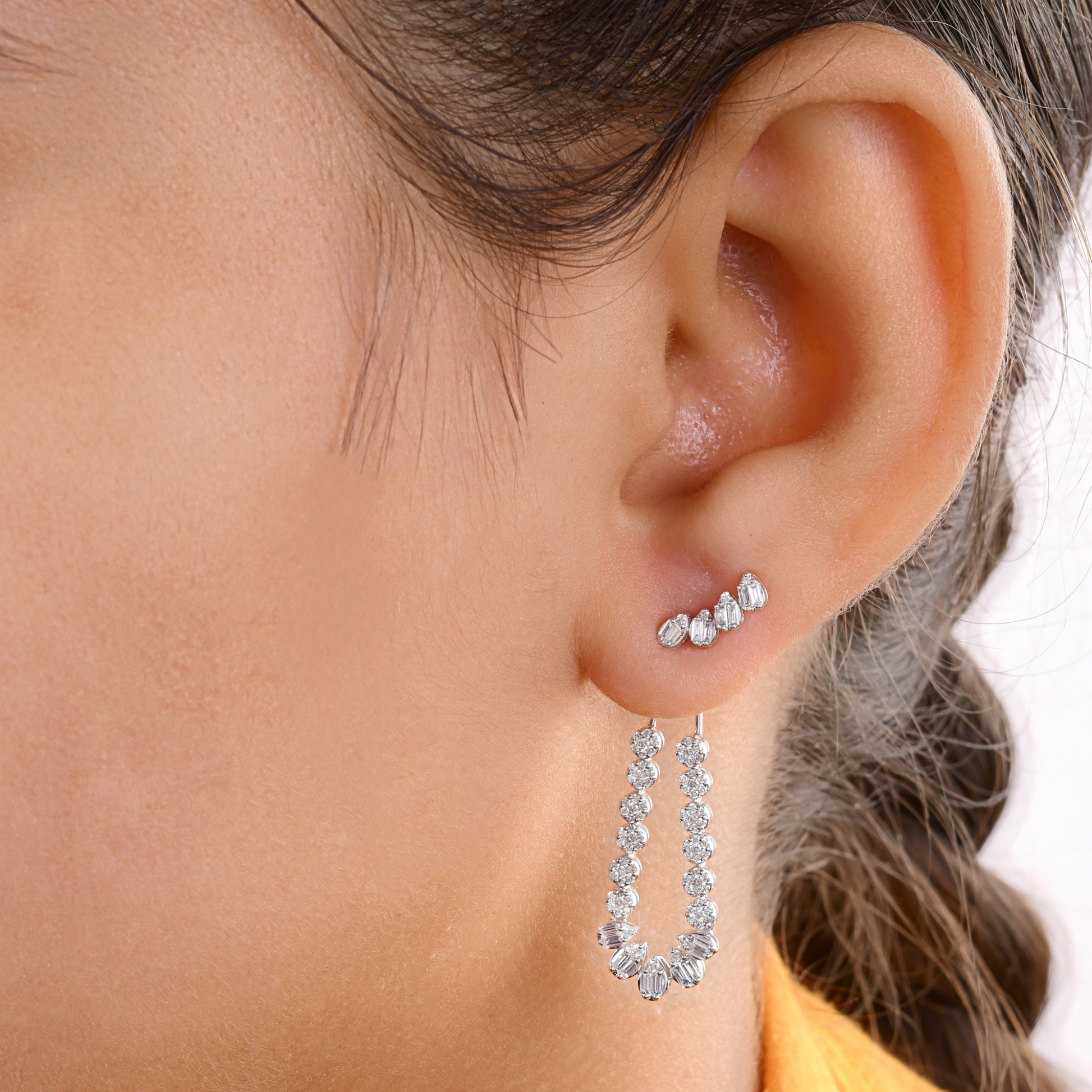 Genuine Natural Baguettes SI/H Diamond Dangle Earrings in Fine Gold