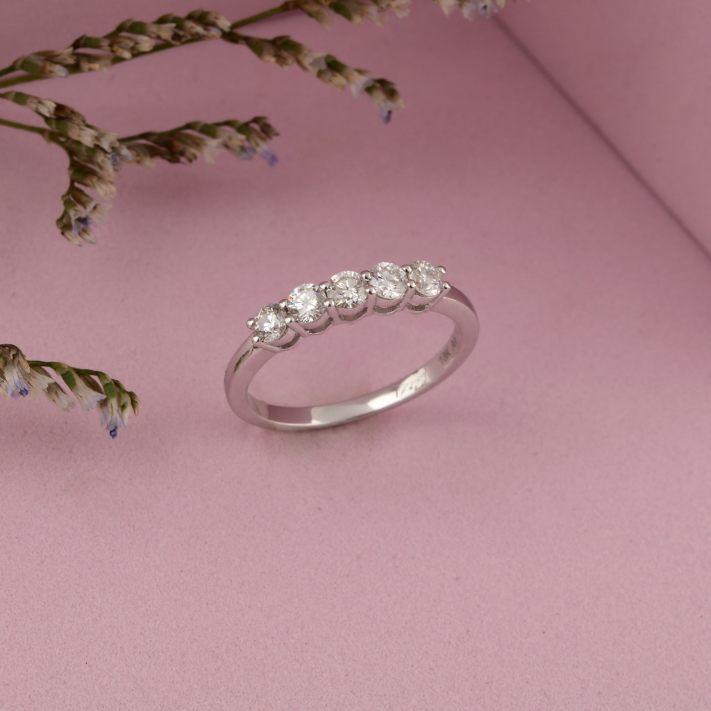 Minimalist 5 Stone Natural Round Cut Diamond Solid Gold Band Ring