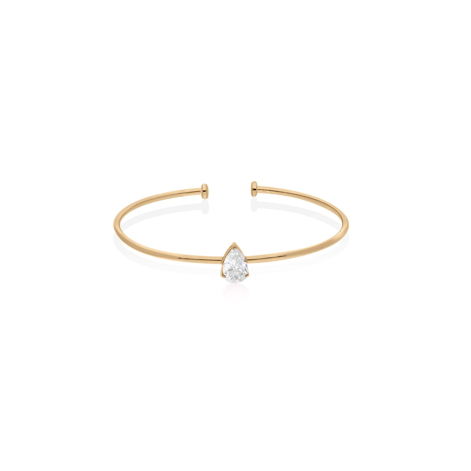 Minimalist Sleek Solid Gold Solitaire Pear Diamond Open Cuff Bracelet