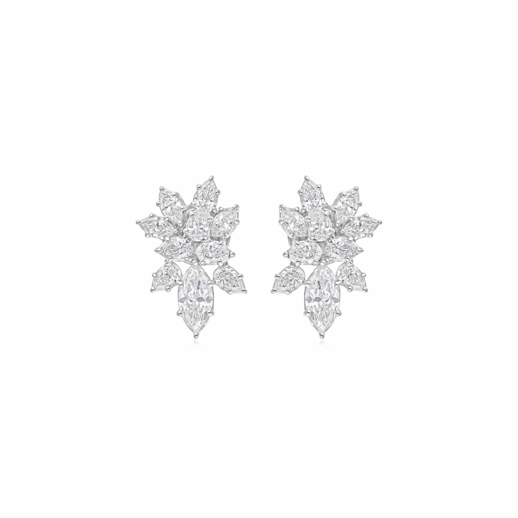 Floral Cluster Marquise & Pear Cut Design 18K Gold Diamond Stud Earrings