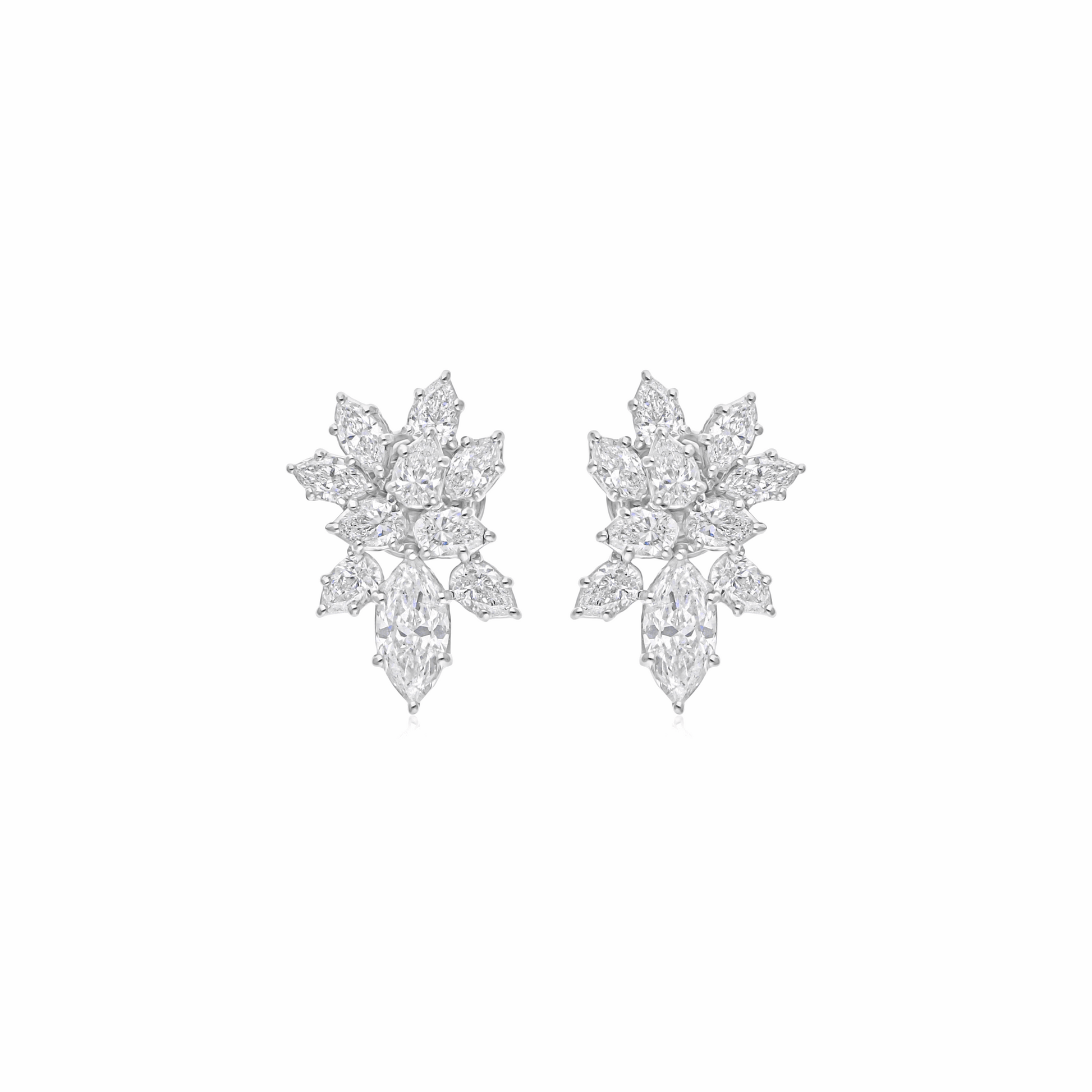 Floral Cluster Marquise & Pear Cut Design 18K Gold Diamond Stud Earrings