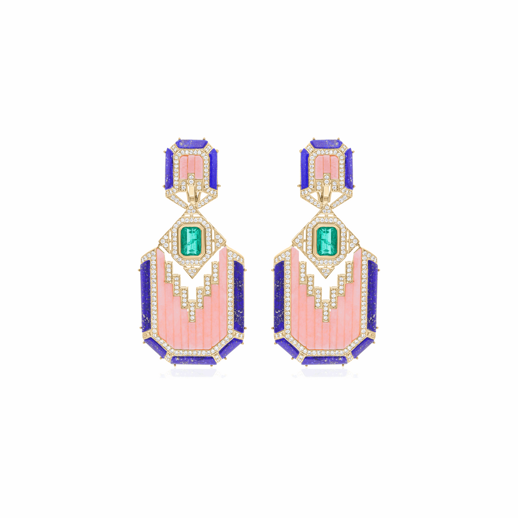 H/SI Diamond Emerald Pink MOP Lapis Lazuli Dangle Earrings Gift 18k Gold