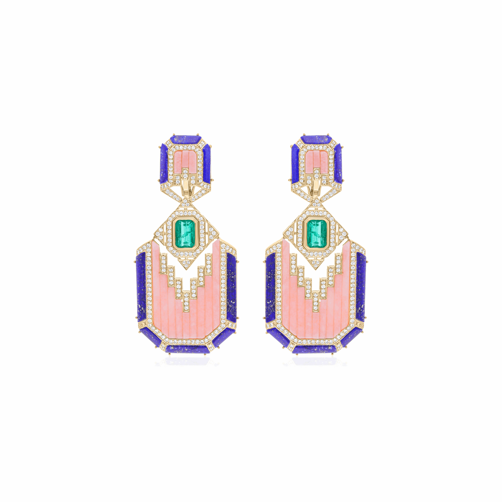 H/SI Diamond Emerald Pink MOP Lapis Lazuli Dangle Earrings Gift 18k Gold