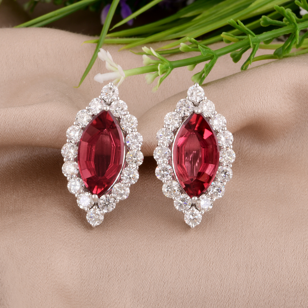 20.86 Ct. Tcw Natural Pink Tourmaline SI/H Diamond Marquise Gold Stud Earrings