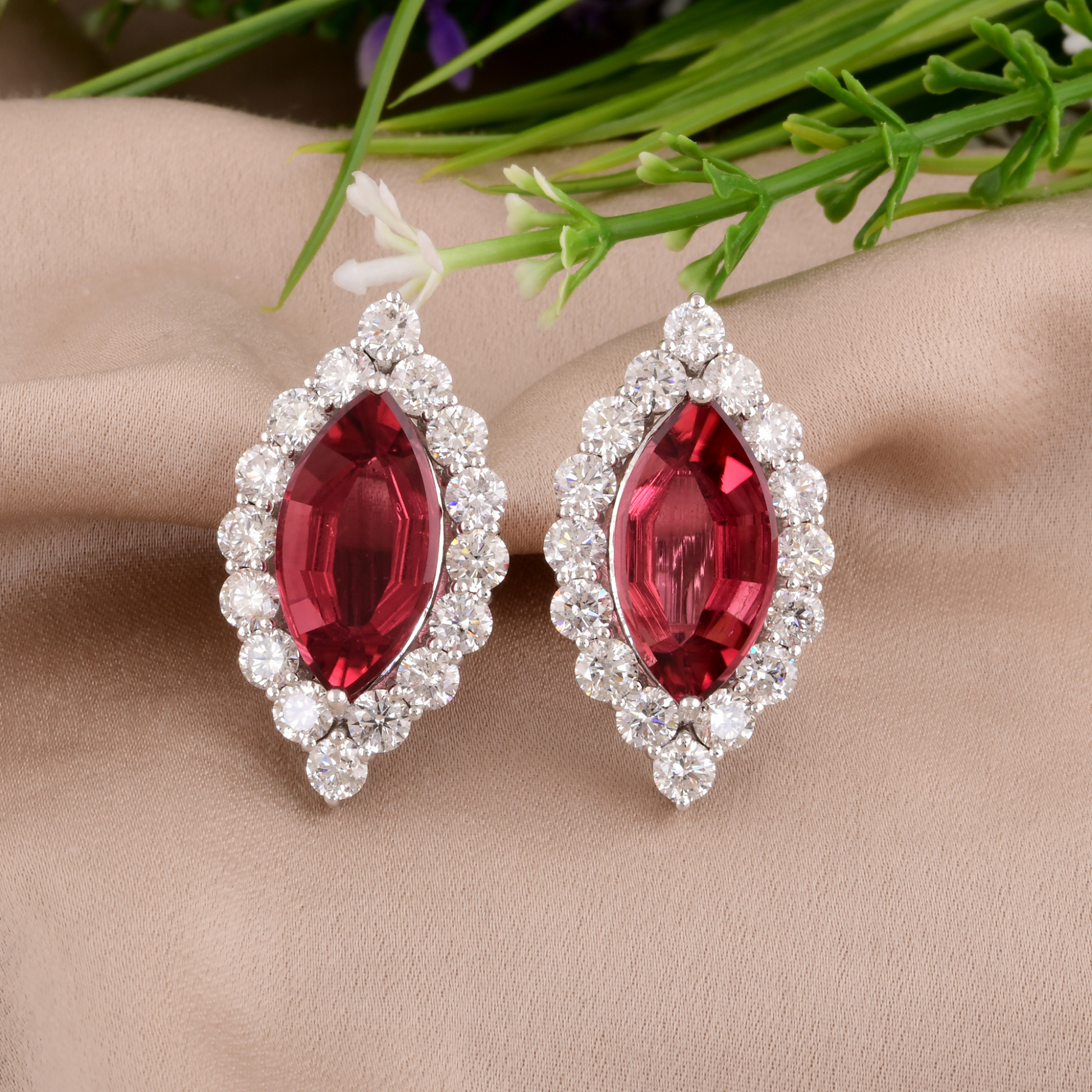 20.86 Ct. Tcw Natural Pink Tourmaline SI/H Diamond Marquise Gold Stud Earrings