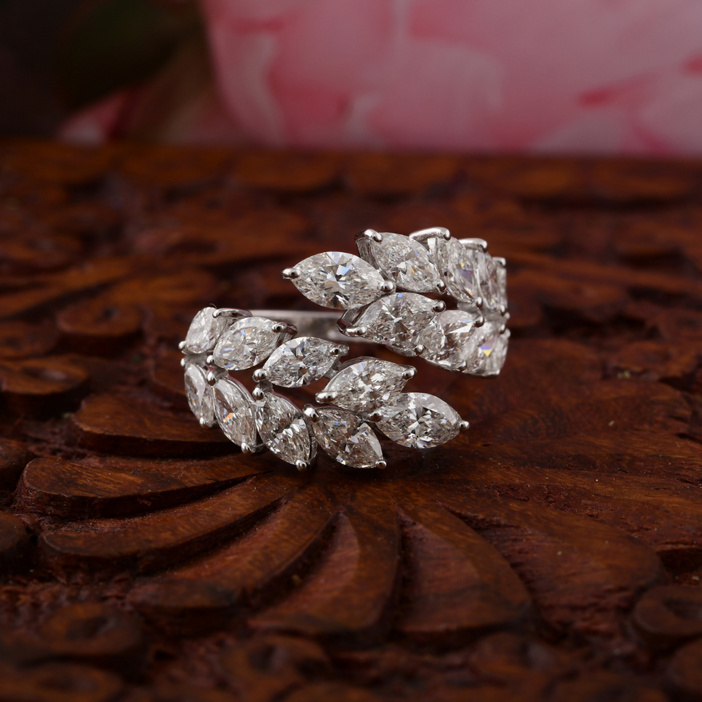 Solid Gold Open Wedding Band Marquise Cut 3.45Ct. Diamond Ring