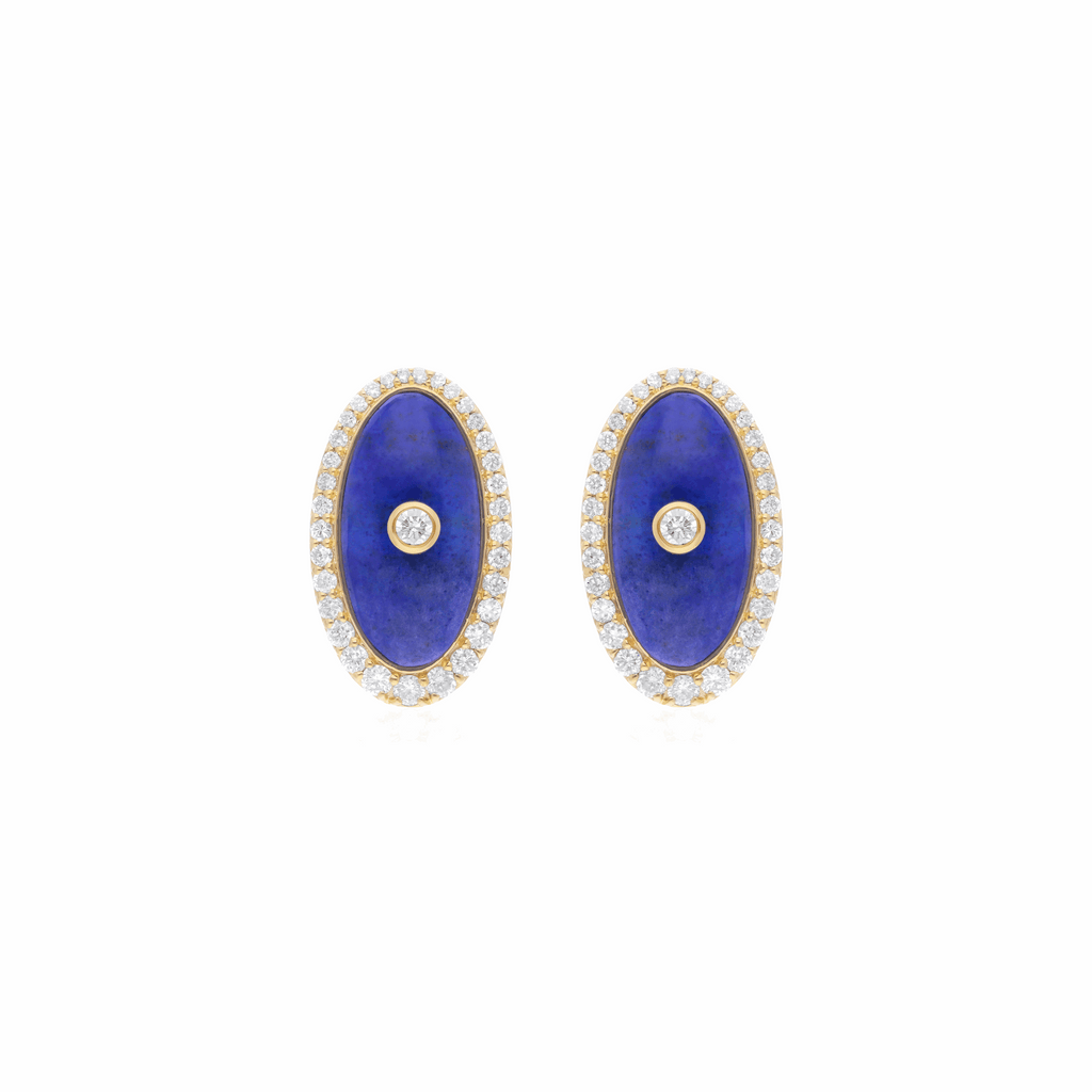 7.43 Tcw H/SI Natural Round Diamond Lapis Lazuli 18k Gold Stud Earrings