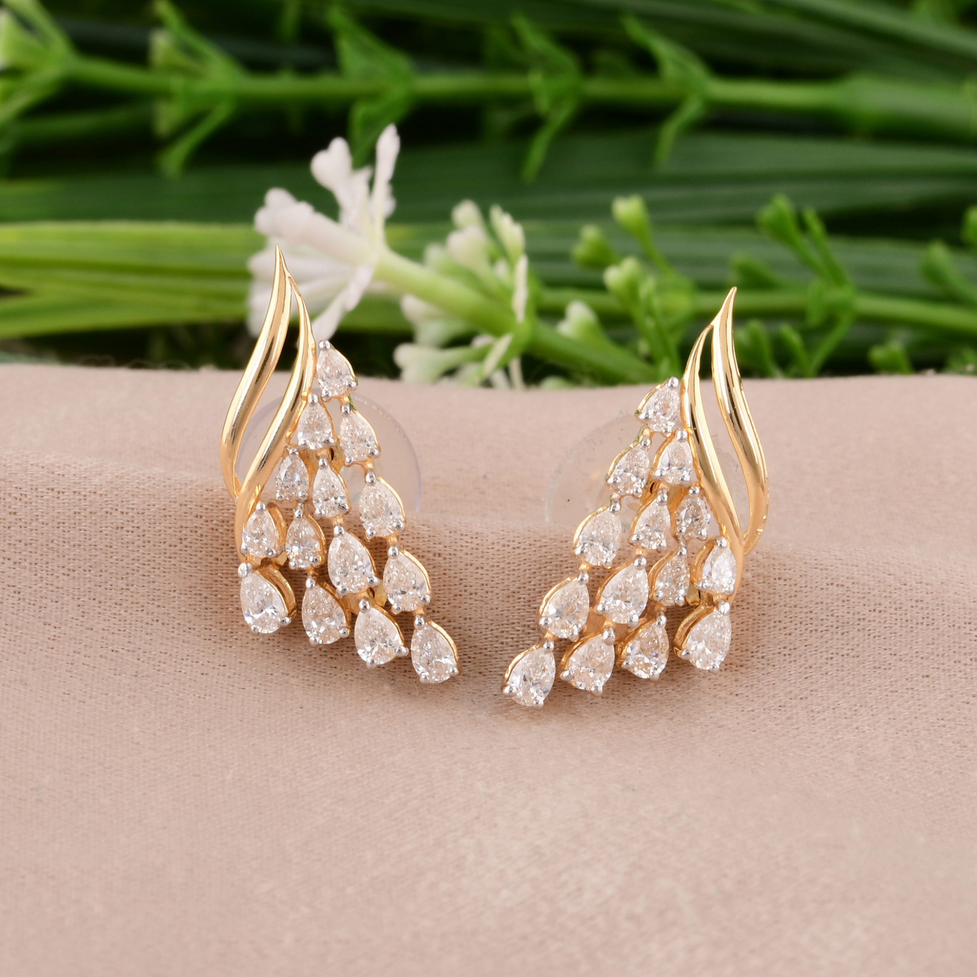 Natural 1.00 Carat Diamond Cluster Drop Earrings in Solid Gold