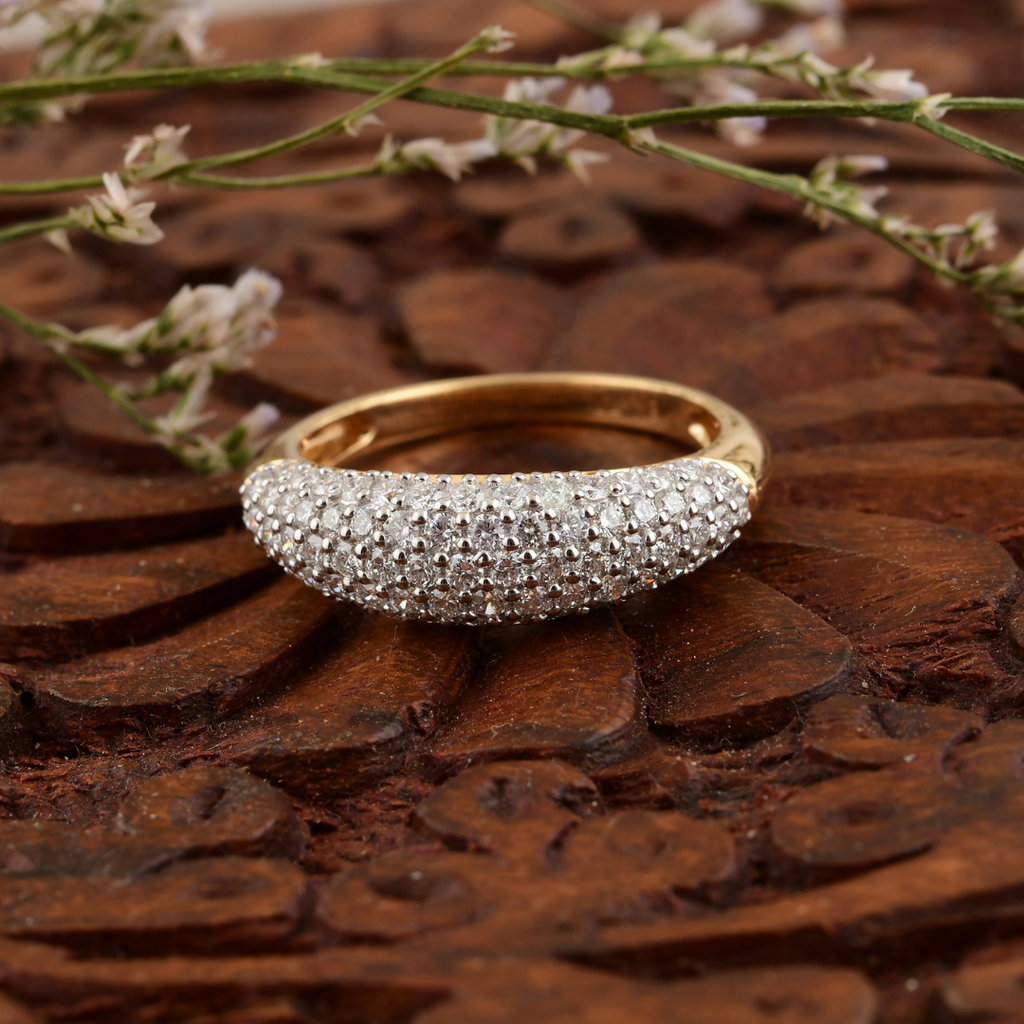 Pave Set Round Cut Diamond Wedding Gold Dome Ring For Anniversary