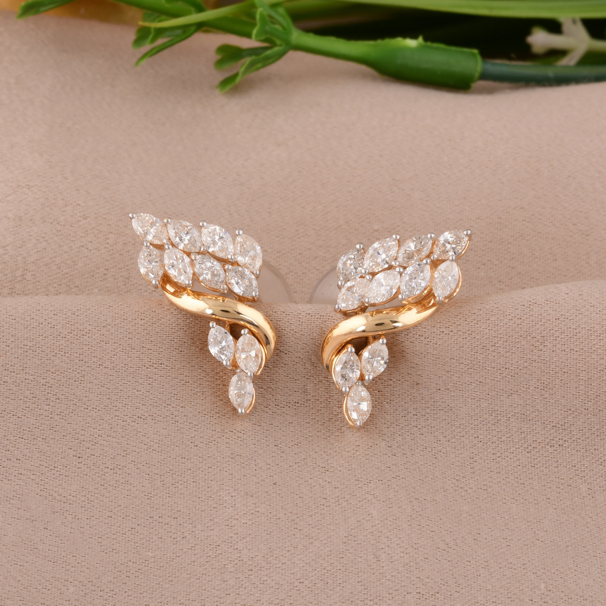 Handmade Fine Gold 1.63 Ct H Color SI Clarity Marquise Diamond Stud Earrings