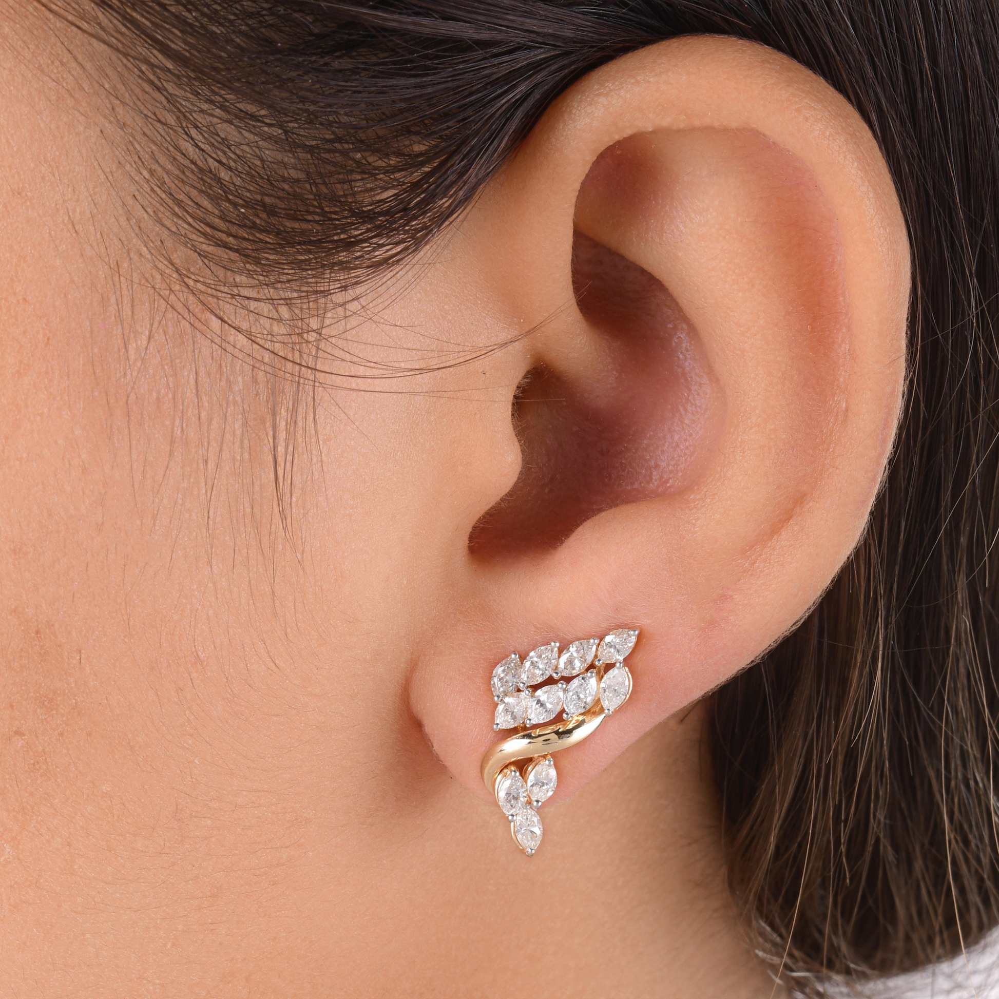 Handmade Fine Gold 1.63 Ct H Color SI Clarity Marquise Diamond Stud Earrings