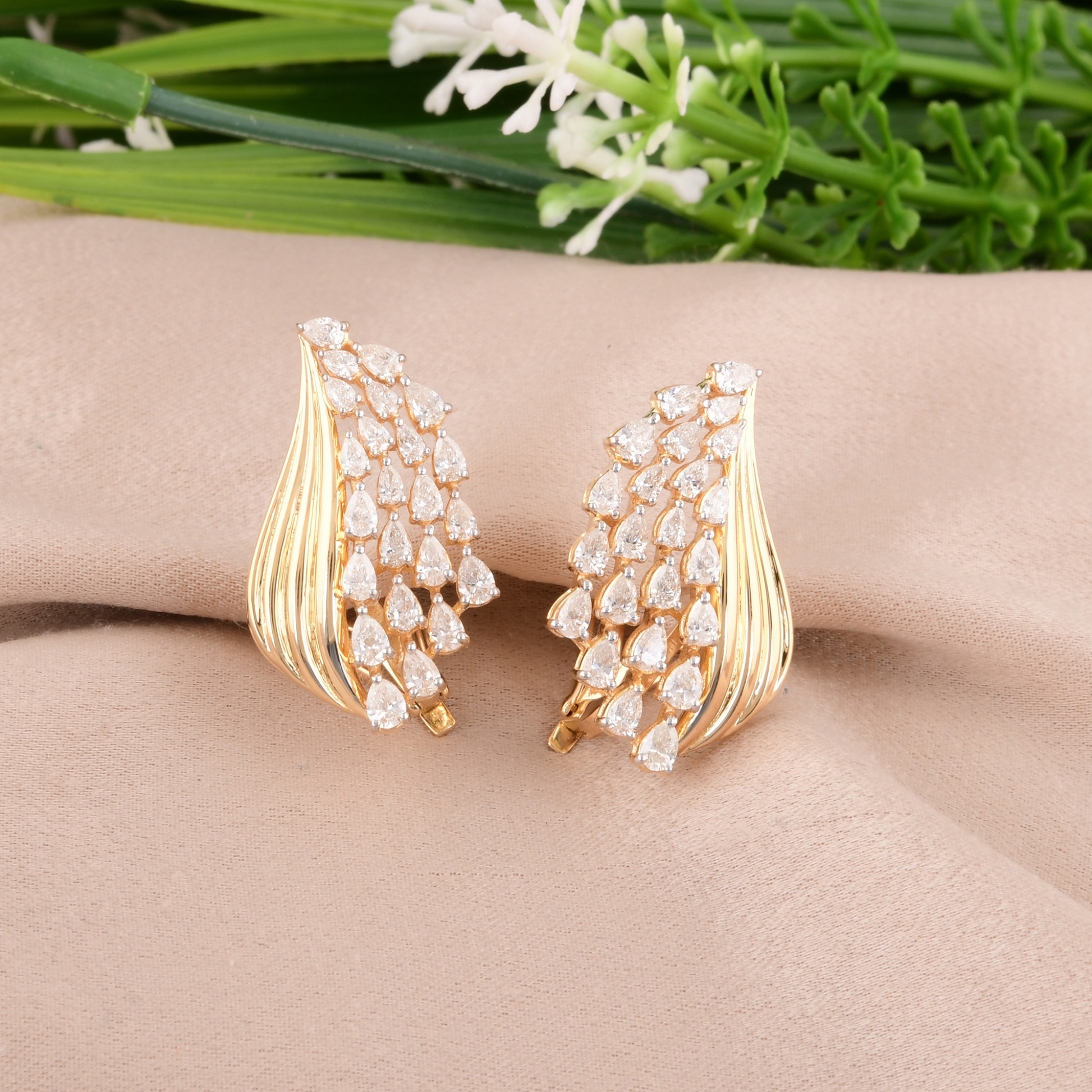 Unique Nature Inspired 1.90 Ct Natural Pear Diamond Cluster Stud Earrings