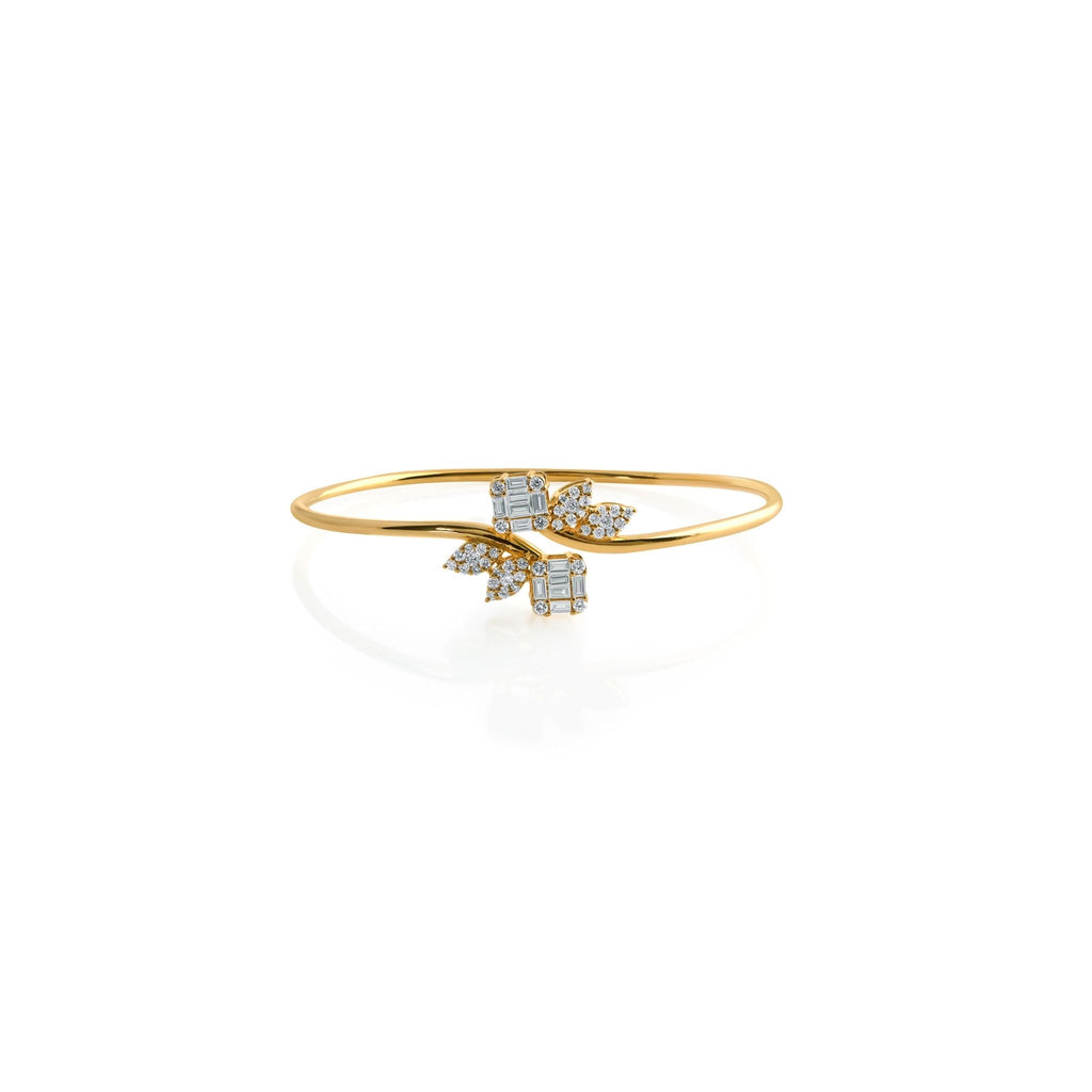 Minimalist Baguette & Round Cut Diamond Sleek Real Diamond Cuff Gold Bangle Bracelet
