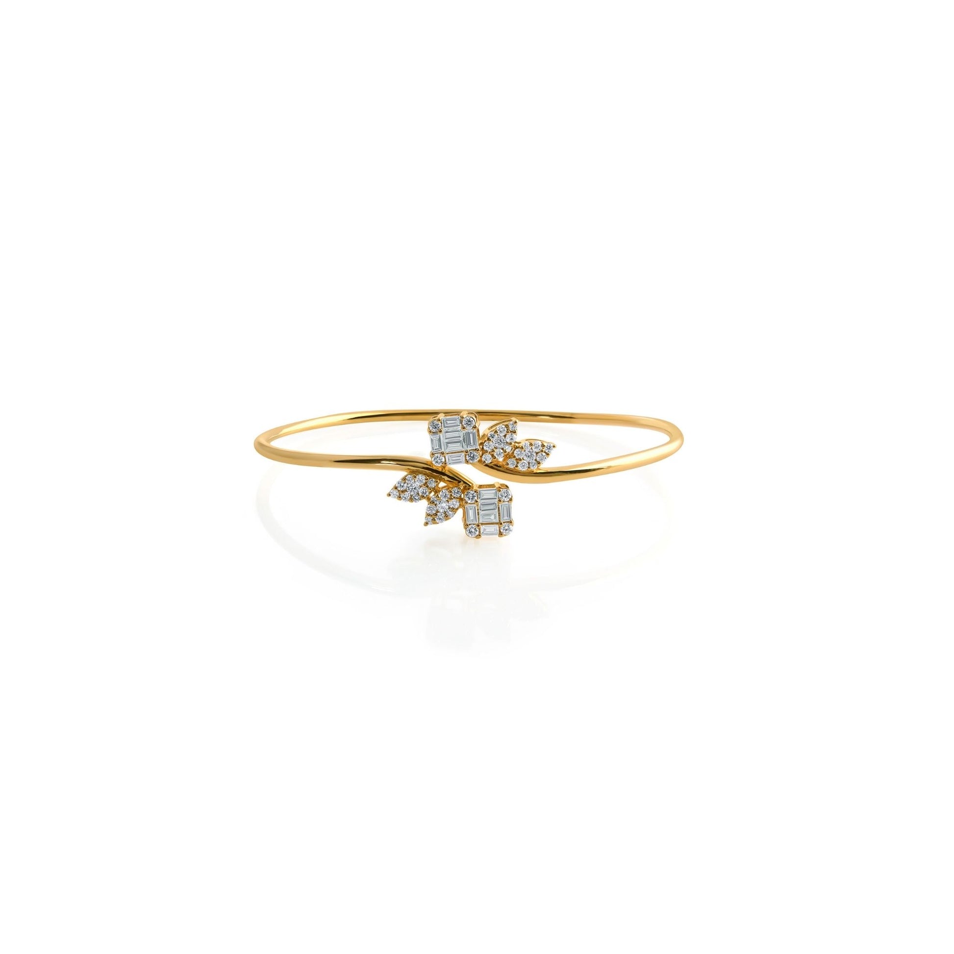 Minimalist Baguette & Round Cut Diamond Sleek Real Diamond Cuff Gold Bangle Bracelet